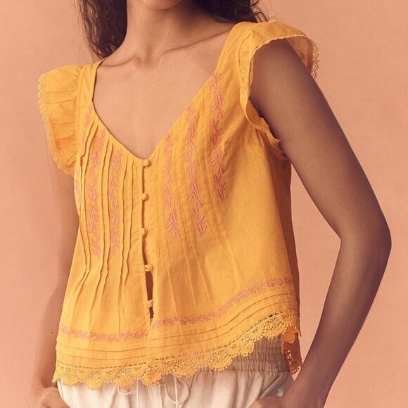NWT Anthropologie Maeve Flutter-Sleeve Pintuck Embroidered Top Sz XS - Picture 1 of 10